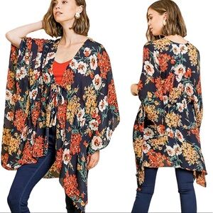 UMGEE Pretty Perfect Floral Print Bell Sleeve Open Front Kimono Navy Blue Small